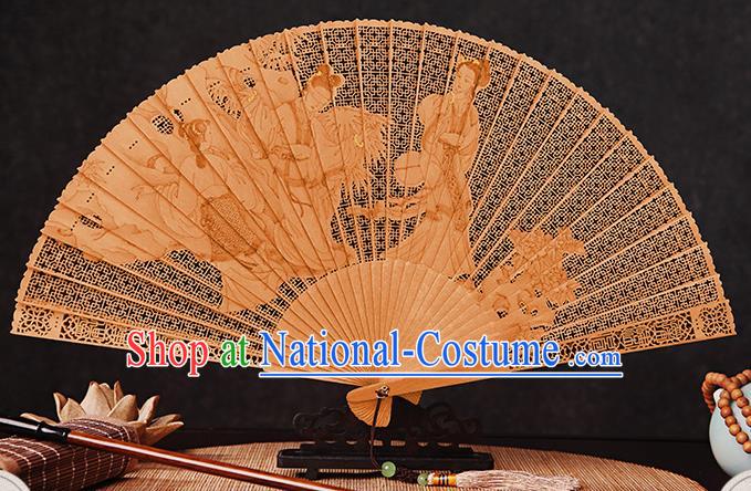 Chinese Carved Beauties Fan Handmade Women Accordion Sandalwood Fan Traditional Folding Fans