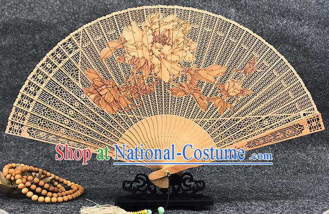 Chinese Sandalwood Fan Traditional Folding Fans Carved Peony Fan Handmade Women Accordion