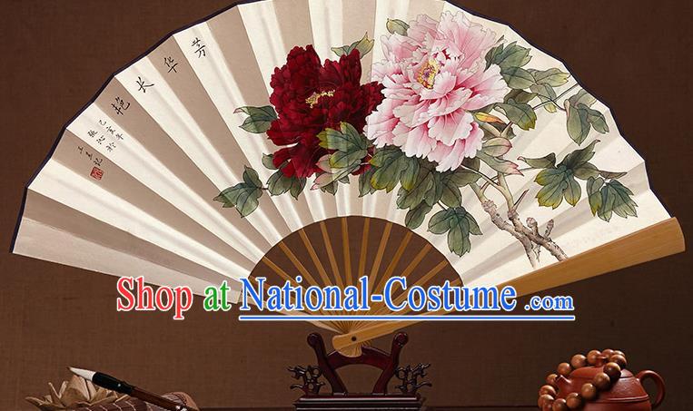 Chinese Handmade Paper Fan Traditional Folding Fans In Painting Peony Fan