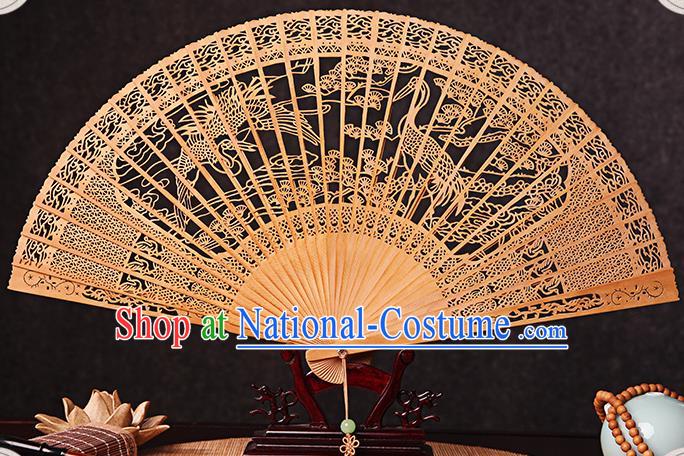 Chinese Carved Pine Crane Fan Handmade Craft Accordion Sandalwood Collection Fan Traditional Folding Fans