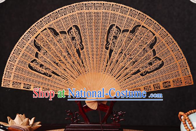 Chinese Traditional Folding Fans Carved Double Tripods Fan Handmade Craft Accordion Sandalwood Collection Fan