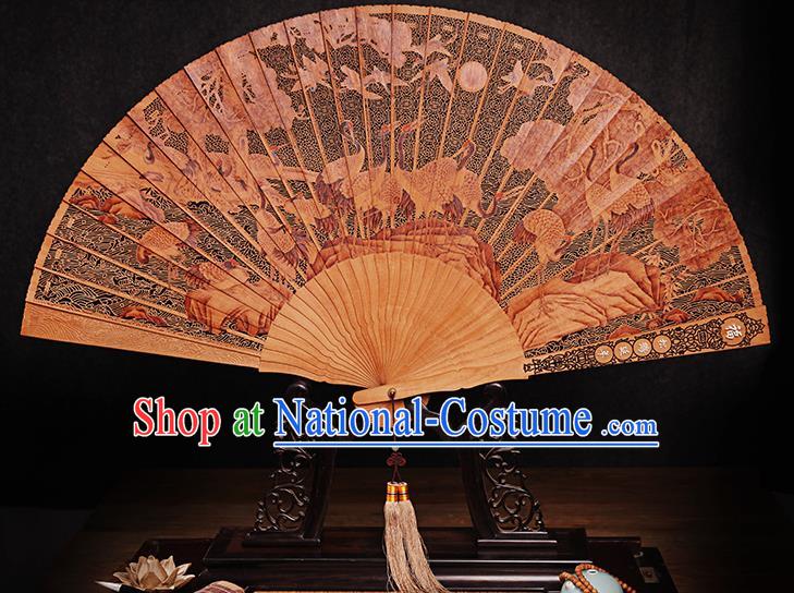 Chinese Collection Fan Traditional Folding Fans Carved Cranes Fan Handmade Craft Sandalwood Accordion