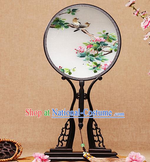 Chinese Circular Fan Handmade Palace Fan Traditional Embroidery Bird Flower Fan Silk Fan