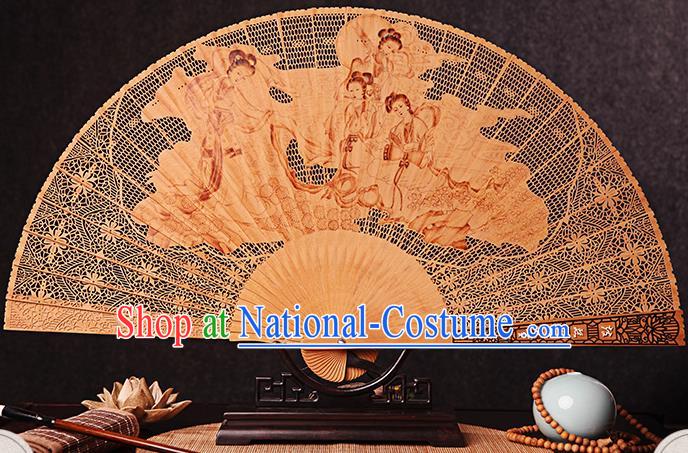 Chinese Handmade Craft Sandalwood Accordion Collection Fan Traditional Folding Fans Carved Goddess Fan