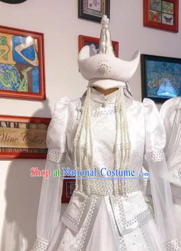 Top Handmade Mongolian Robe Chinese Mongol Nationality White Dress Traditional Wedding Bride Costume