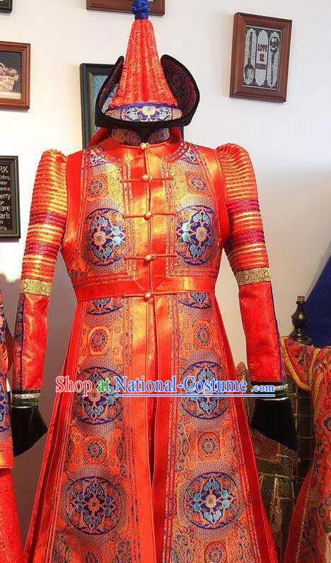 Chinese Mongol Nationality Bride Dress Handmade Wedding Costume Traditional Red Mongolian Robe