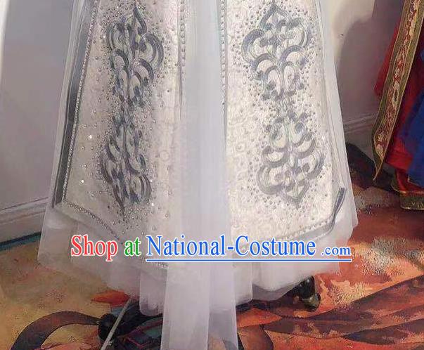 Chinese Traditional Embroidery Mongolian Robe Mongol Nationality Bride White Dress Handmade Wedding Costume