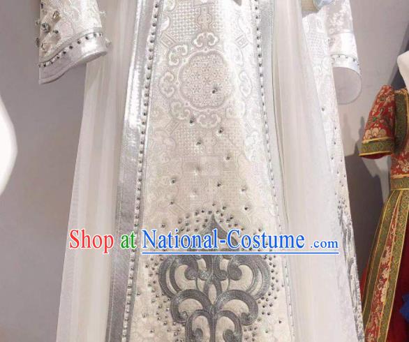 Chinese Traditional Embroidery Mongolian Robe Mongol Nationality Bride White Dress Handmade Wedding Costume