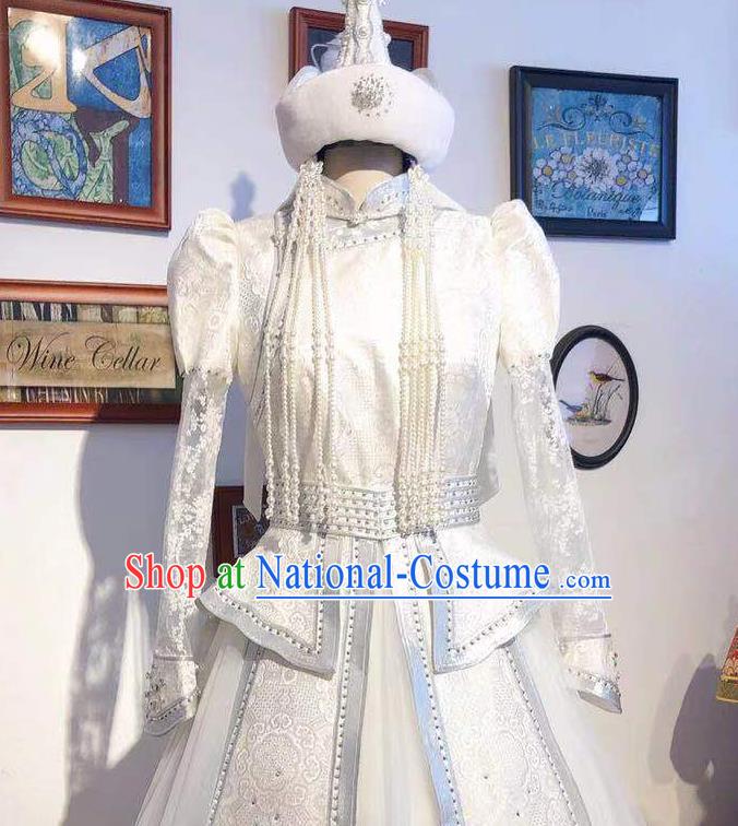 Chinese Traditional Embroidery Mongolian Robe Mongol Nationality Bride White Dress Handmade Wedding Costume