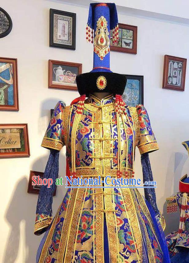 Chinese Handmade Wedding Costume Traditional Royalblue Mongolian Robe Mongol Nationality Bride Dress