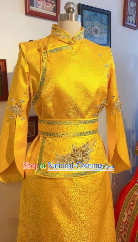 Chinese Traditional Ethnic Clothing Mongol Nationality Festival Gold Dress Mongolian Folk Dance Costume