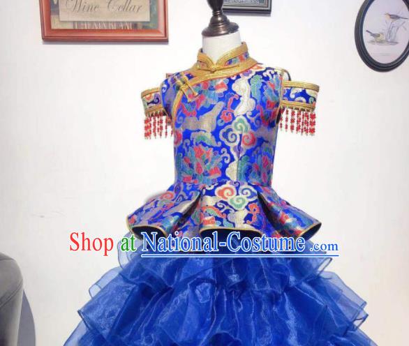 Chinese Traditional Ethnic Festival Costume Mongol Nationality Dance Royal Blue Dress Mongolian Folk Dance Garment