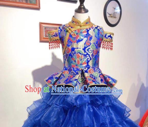 Chinese Traditional Ethnic Festival Costume Mongol Nationality Dance Royal Blue Dress Mongolian Folk Dance Garment