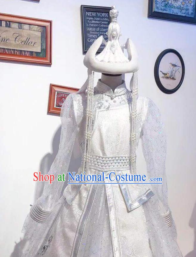 Chinese Mongolian Folk Dance Garment Traditional Ethnic Festival Costume Mongol Nationality Wedding White Dress