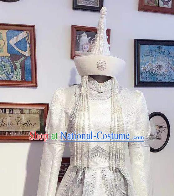 Chinese Mongol Nationality Wedding White Dress Mongolian Folk Dance Garment Traditional Ethnic Festival Costume