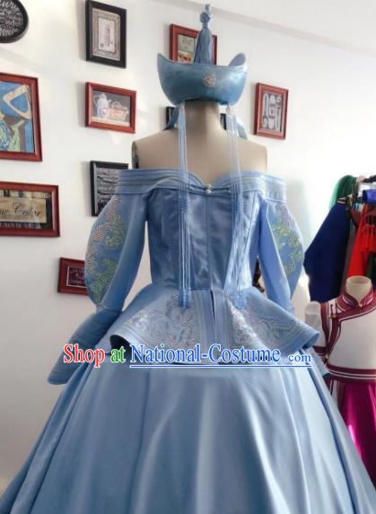 Chinese Mongolian Festival Garment Traditional Ethnic Wedding Costume Mongol Nationality Bride Blue Dress