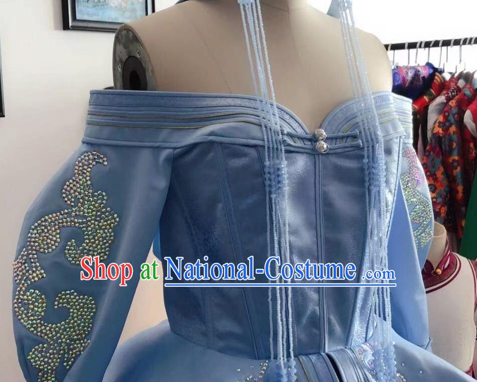 Chinese Mongolian Festival Garment Traditional Ethnic Wedding Costume Mongol Nationality Bride Blue Dress