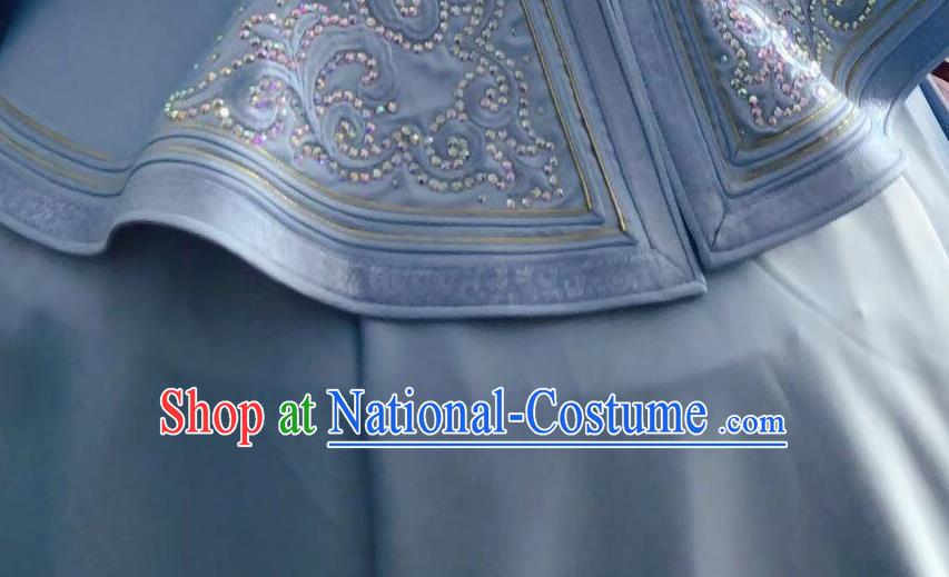 Chinese Mongolian Festival Garment Traditional Ethnic Wedding Costume Mongol Nationality Bride Blue Dress