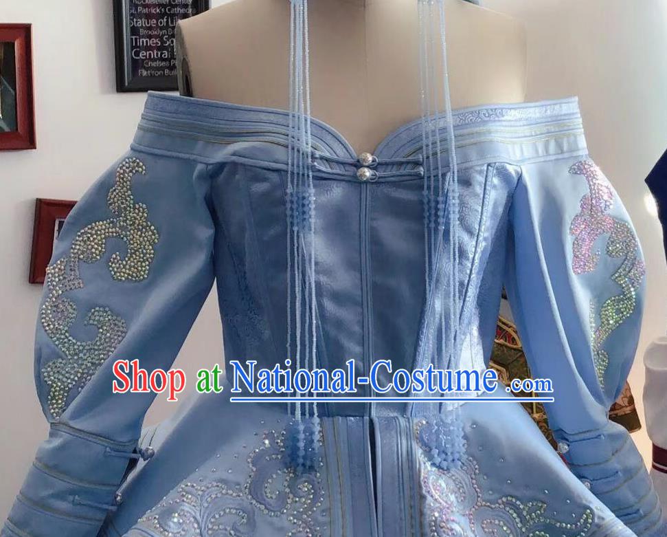 Chinese Mongolian Festival Garment Traditional Ethnic Wedding Costume Mongol Nationality Bride Blue Dress