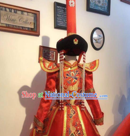 Chinese Mongol Nationality Bride Red Dress Mongolian Festival Garment Traditional Ethnic Wedding Costume