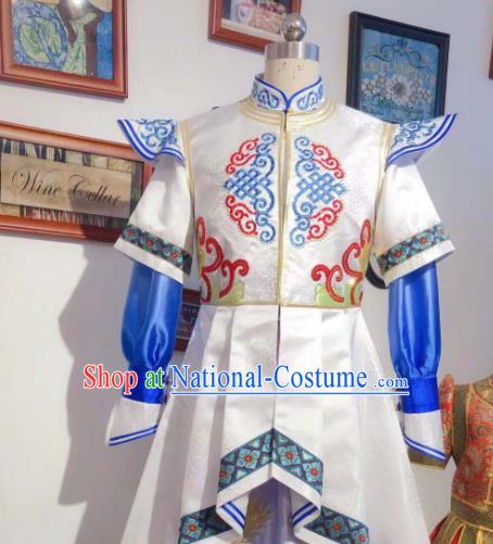 Chinese Mongol Nationality Folk Dance White Dress Mongolian Festival Garment Traditional Ethnic Children Costume