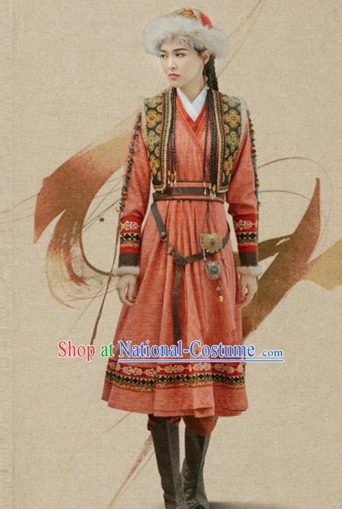 Chinese Ancient Ethnic Women Red Dress Liao Dynasty Female Swordsman Clothing Desert Princess Costume