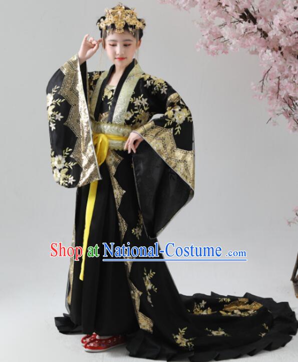 Chinese Ancient Imperial Consort Clothing Tang Dynasty Princess Costume Empress Black Trailing Dress for Kids