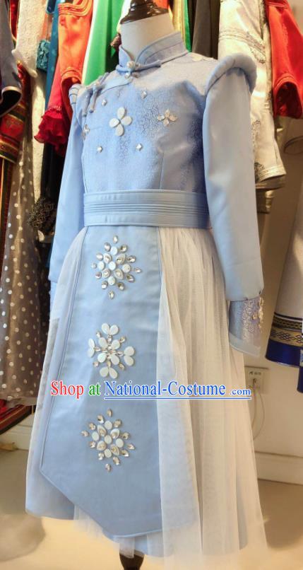 Chinese Mongol Nationality Woman Garment Costume Mongolian Festival Clothing Ethnic Folk Dance Blue Dress