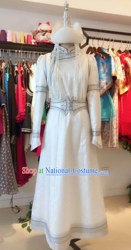 Chinese Mongolian Bride Clothing Ethnic Folk Dance White Dress Mongol Nationality Wedding Garment Costume