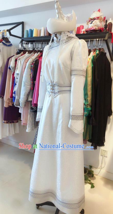 Chinese Mongolian Bride Clothing Ethnic Folk Dance White Dress Mongol Nationality Wedding Garment Costume