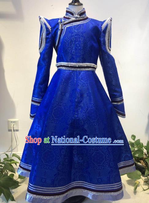 Chinese Ethnic Girl Royal Blue Dress Mongol Nationality Garment Costume Mongolian Festival Folk Dance Clothing