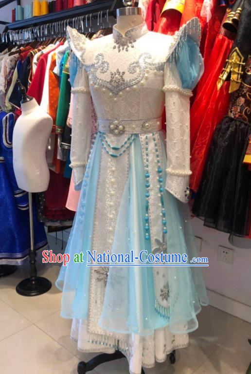 Chinese Mongolian Folk Dance Clothing Ethnic Festival Girl Dress Mongol Nationality Garment Costume and Hat