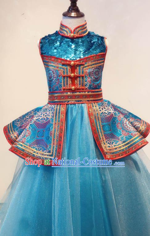 Chinese Ethnic Festival Girl Blue Dress Mongol Nationality Garment Costume Mongolian Folk Dance Clothing