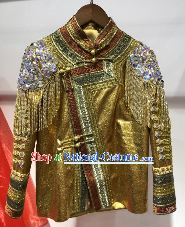 Chinese Ethnic Stage Performance Mandarin Jacket Mongol Nationality Boy Top Garment Mongolian Children Folk Dance Clothing