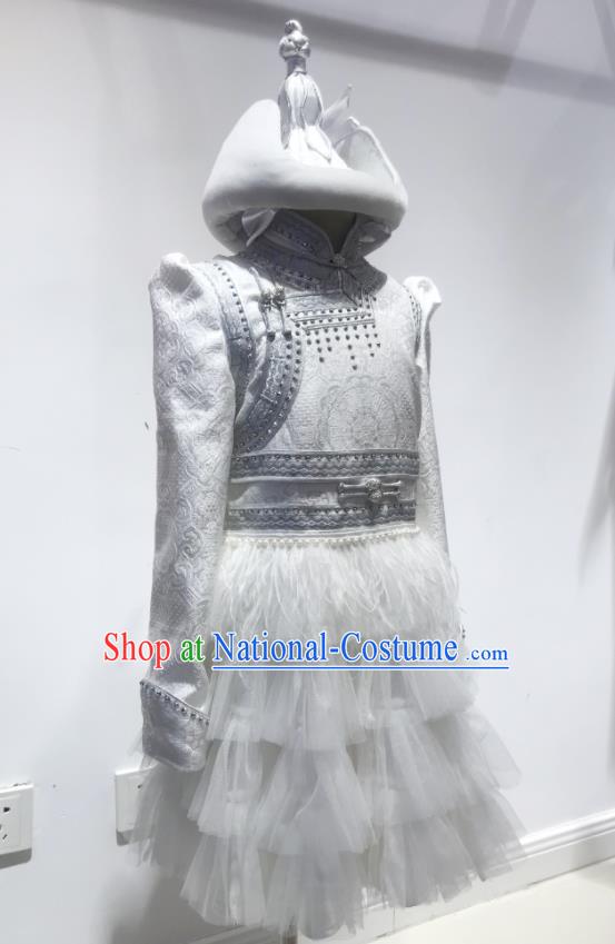 Chinese Mongol Nationality Girl White Short Dress Mongolian Folk Dance Clothing Ethnic Stage Performance Costume