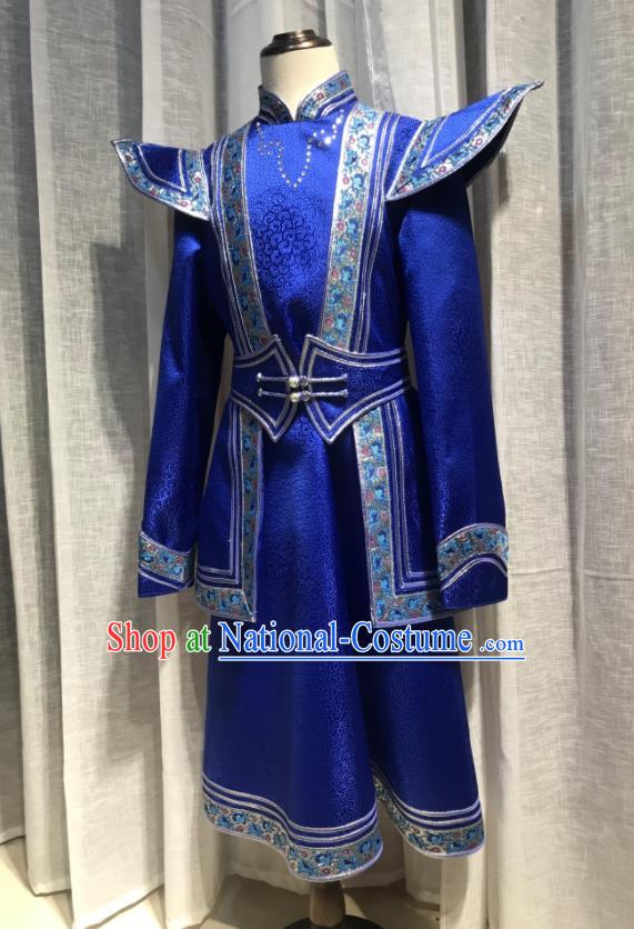 Chinese Ethnic Costumes Mongol Nationality Boy Royal Blue Garment Mongolian Festival Dance Clothing