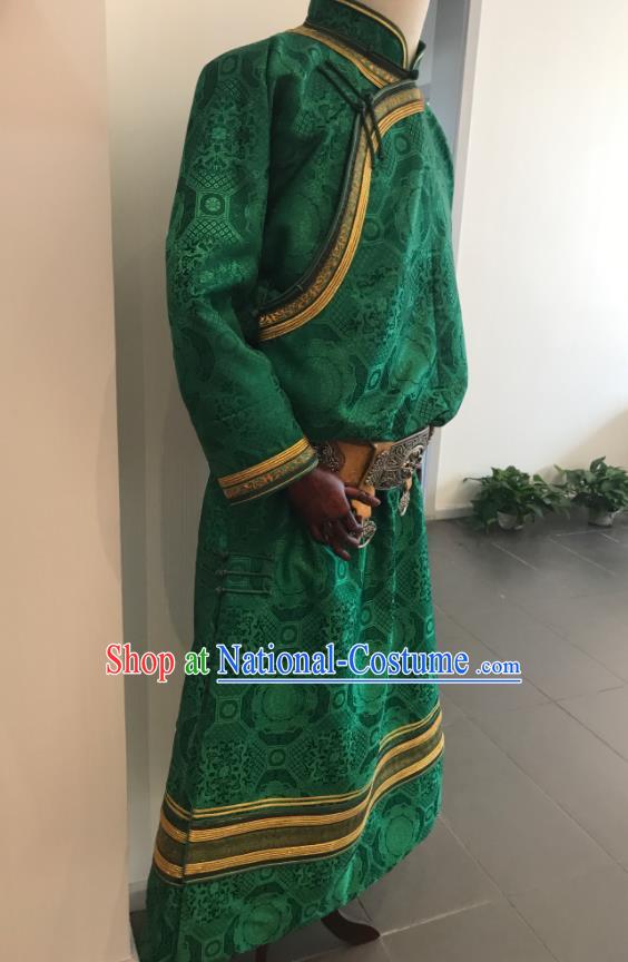 Chinese Mongol Nationality Wedding Garment Mongolian Festival Performance Clothing Ethnic Groom Green Robe Costume