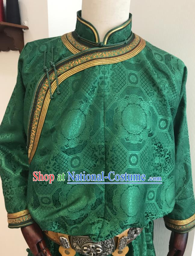 Chinese Mongol Nationality Wedding Garment Mongolian Festival Performance Clothing Ethnic Groom Green Robe Costume