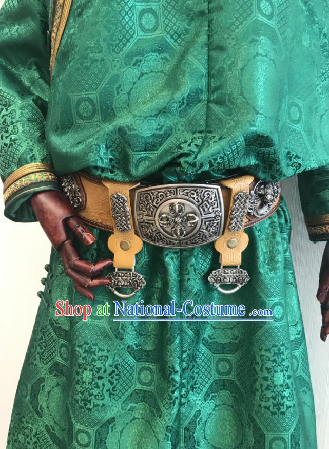 Chinese Mongol Nationality Wedding Garment Mongolian Festival Performance Clothing Ethnic Groom Green Robe Costume