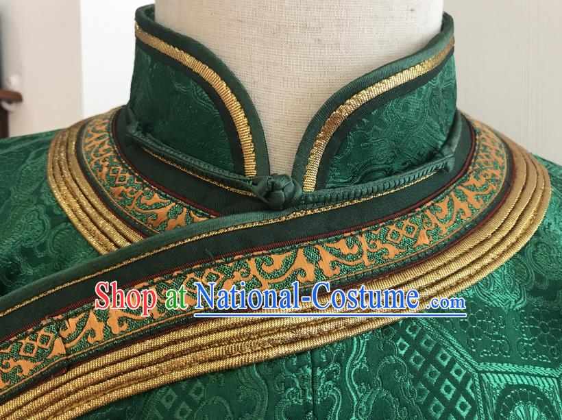 Chinese Mongol Nationality Wedding Garment Mongolian Festival Performance Clothing Ethnic Groom Green Robe Costume