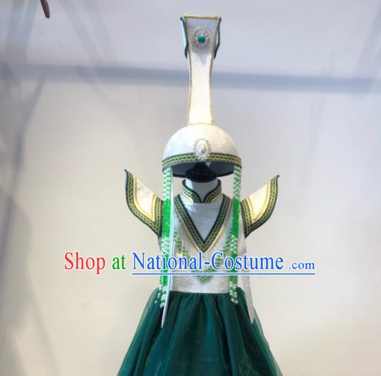 Chinese Ethnic Girl Green Dress Costume Mongol Nationality Dance Garment Mongolian Festival Performance Clothing