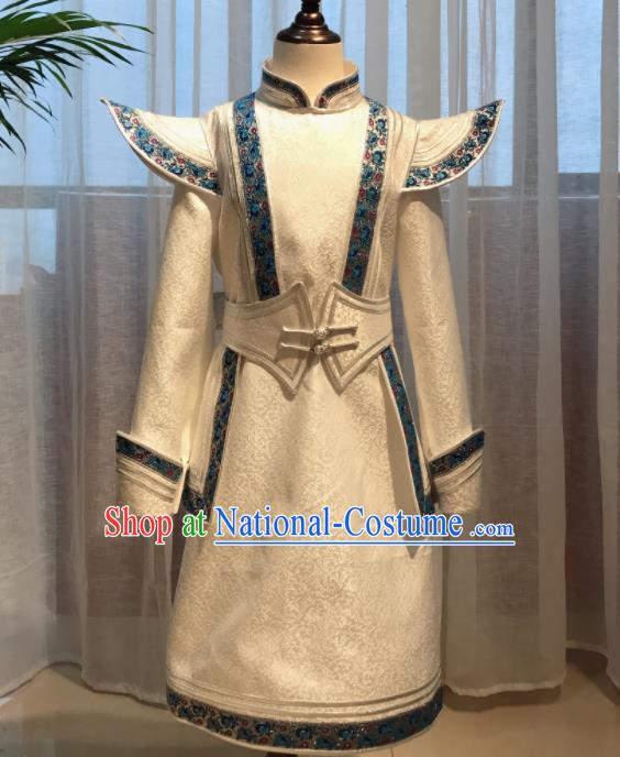 Chinese Mongol Nationality Boy White Garment Mongolian Festival Dance Clothing Ethnic Costume