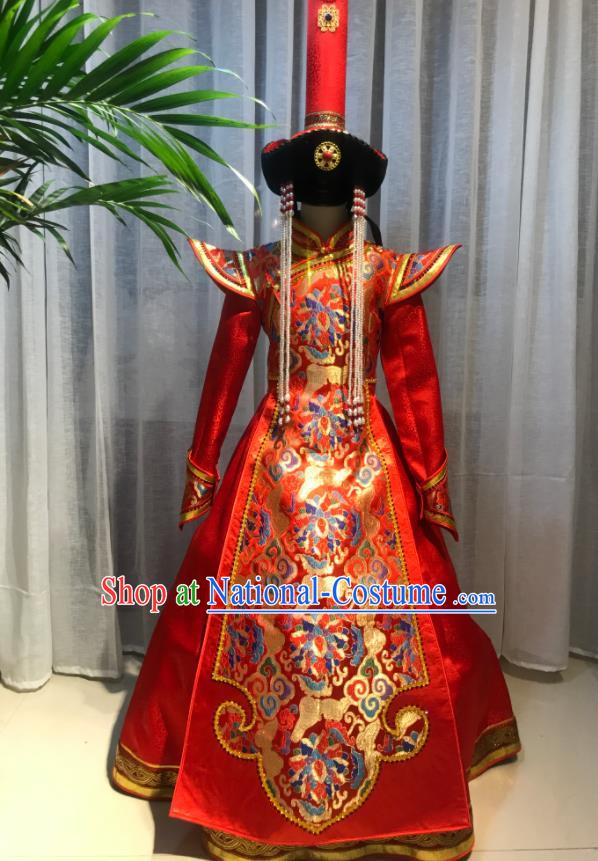 Chinese Mongol Nationality Women Red Dress Garment Mongolian Festival Performance Clothing Ethnic Wedding Costume and Hat