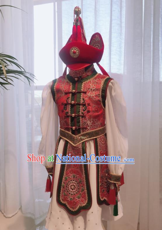 Chinese Mongolian Festival Performance Clothing Ethnic Girl Costume Mongol Nationality Performance Dress Garment and Hat