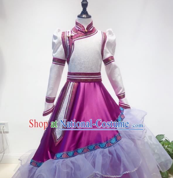 Chinese Mongolian Girl Performance Magenta Dress Ethnic Children Clothing Mongol Nationality Folk Dance Costume