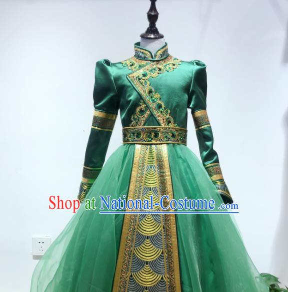 Chinese Mongol Nationality Folk Dance Costume Mongolian Girl Performance Green Dress Ethnic Children Clothing