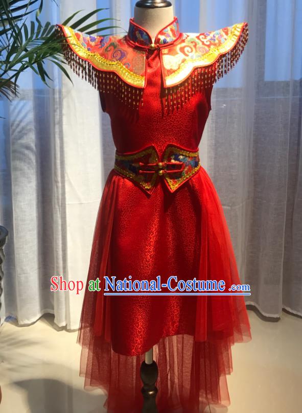 Chinese Mongolian Girl Dance Red Dress Ethnic Children Clothing Mongol Nationality Performance Costume