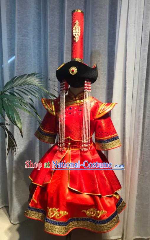 Chinese Ethnic Festival Performance Clothing Mongol Nationality Compere Costume Mongolian Children Folk Dance Red Dress