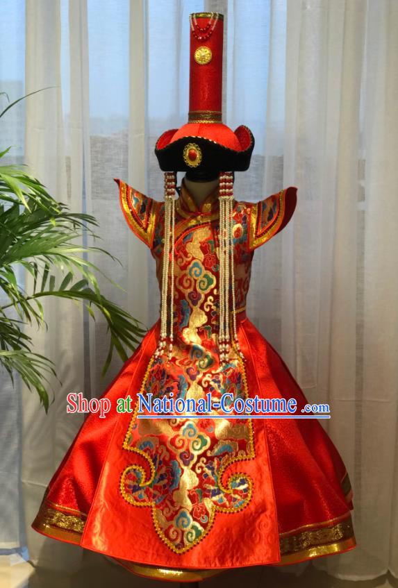 Chinese Mongol Nationality Children Compere Costume Mongolian Folk Dance Red Brocade Dress Ethnic Festival Performance Clothing