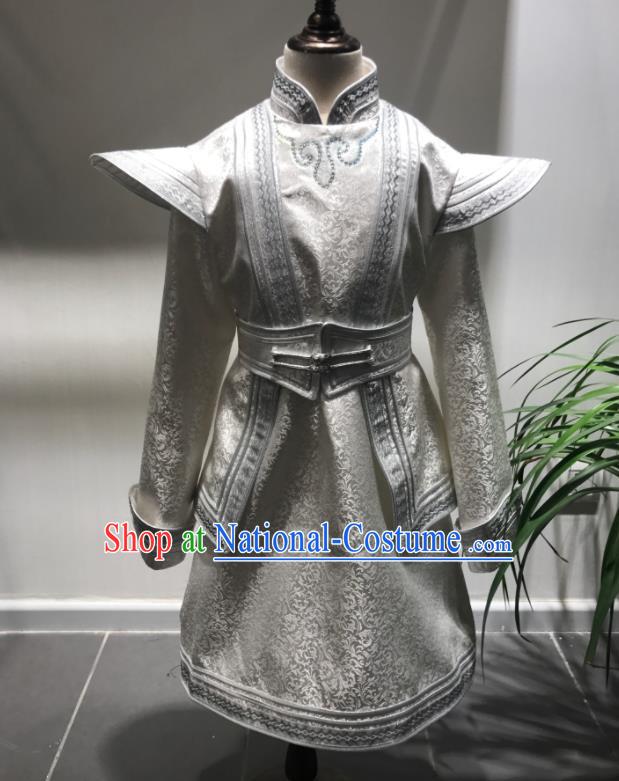 Chinese Ethnic Festival Performance Clothing Mongol Nationality Boy Costume Mongolian Folk Dance White Brocade Robe